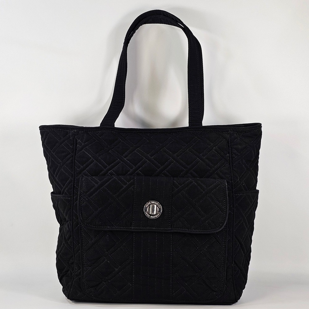 Vera Bradley Black Quilted Cotton Tote Bag Turn Lock Pocket Shoulder Bag